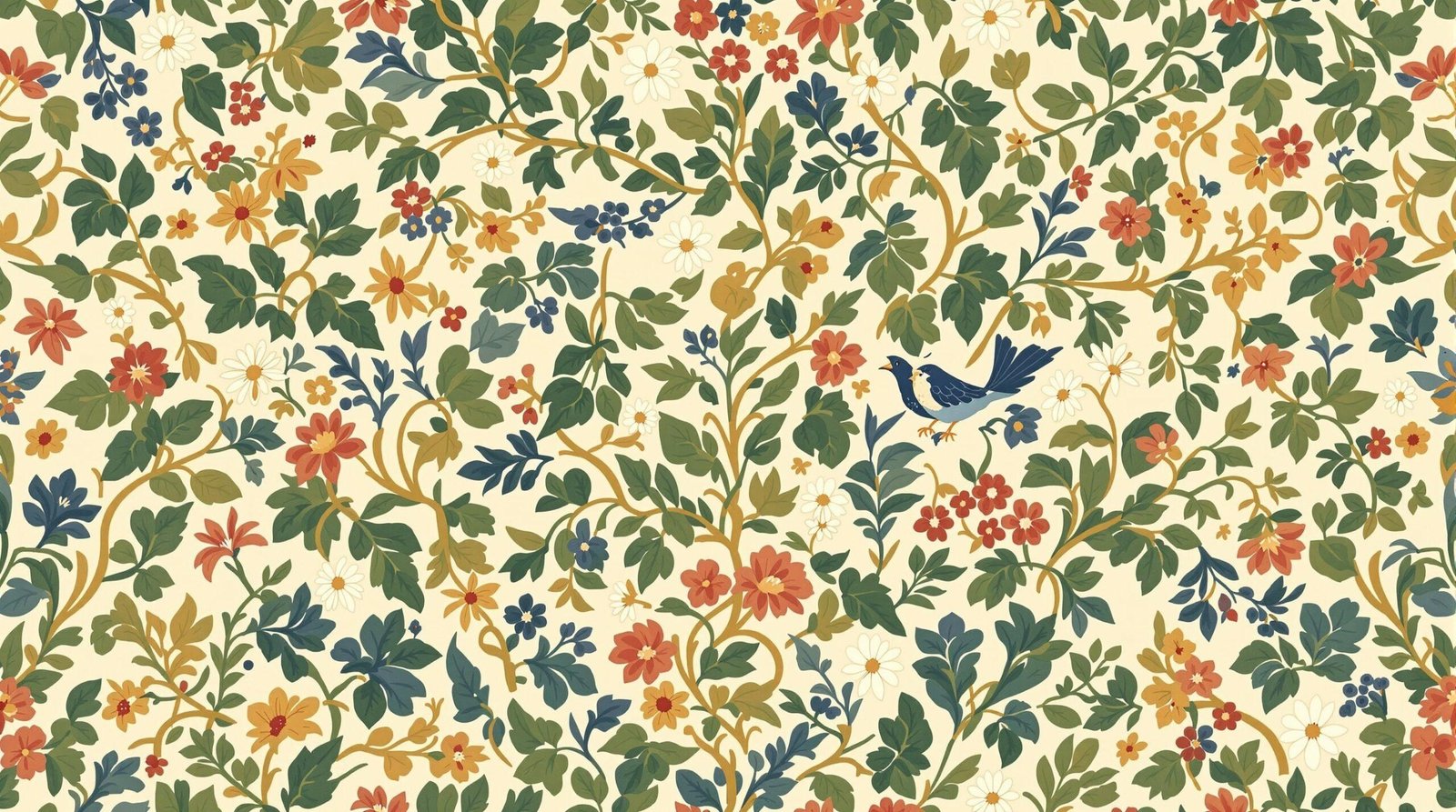 William Morris Arts and Crafts spring botanical illustration with floral patterns and jewel colours